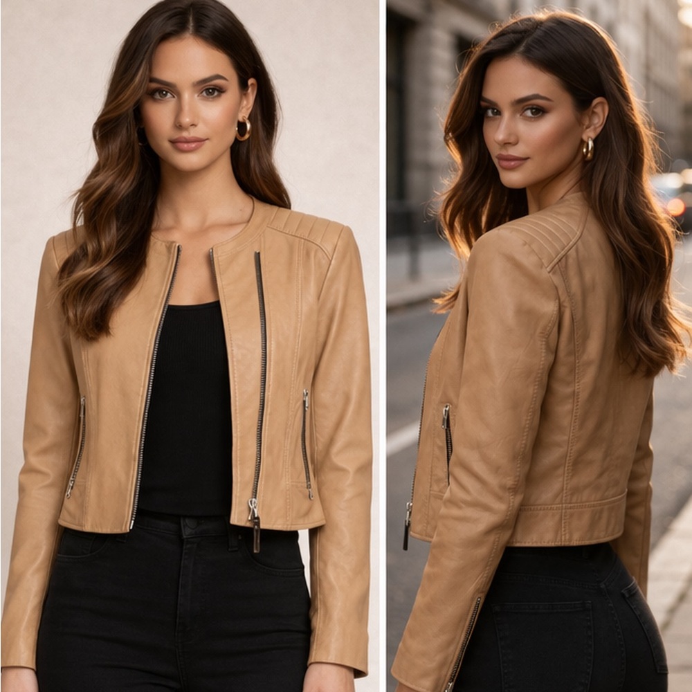 Mackage Tan Lambskin Leather Moto Jacket